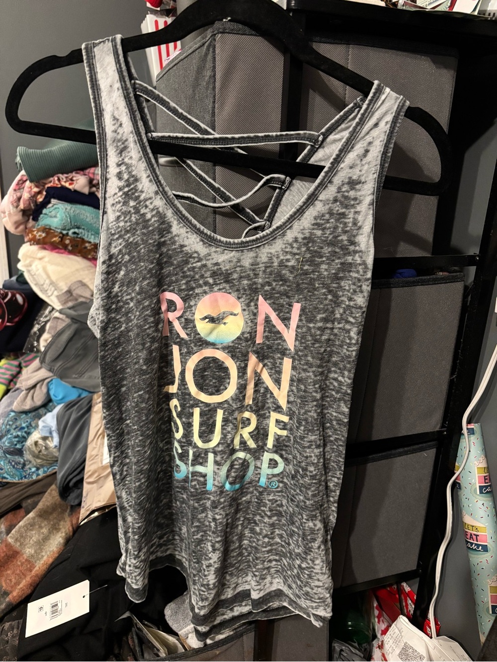 Ron Jon Gray cross Back Tank with Pastel Logo Medium